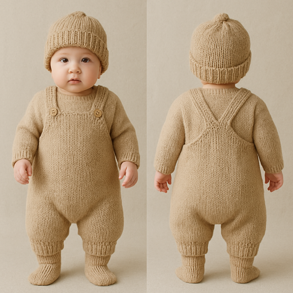 一歳の男の子着用画
ユニセックスの毛糸のオーバーオール
シルエットは丸い感じ
色はベージュ
毛糸の帽子
靴下
一歳の男の子着用画
ユニセックスの毛糸のオーバーオール
シルエットは丸い感じ
色はベージュ
毛糸の帽子
靴下, show front and back