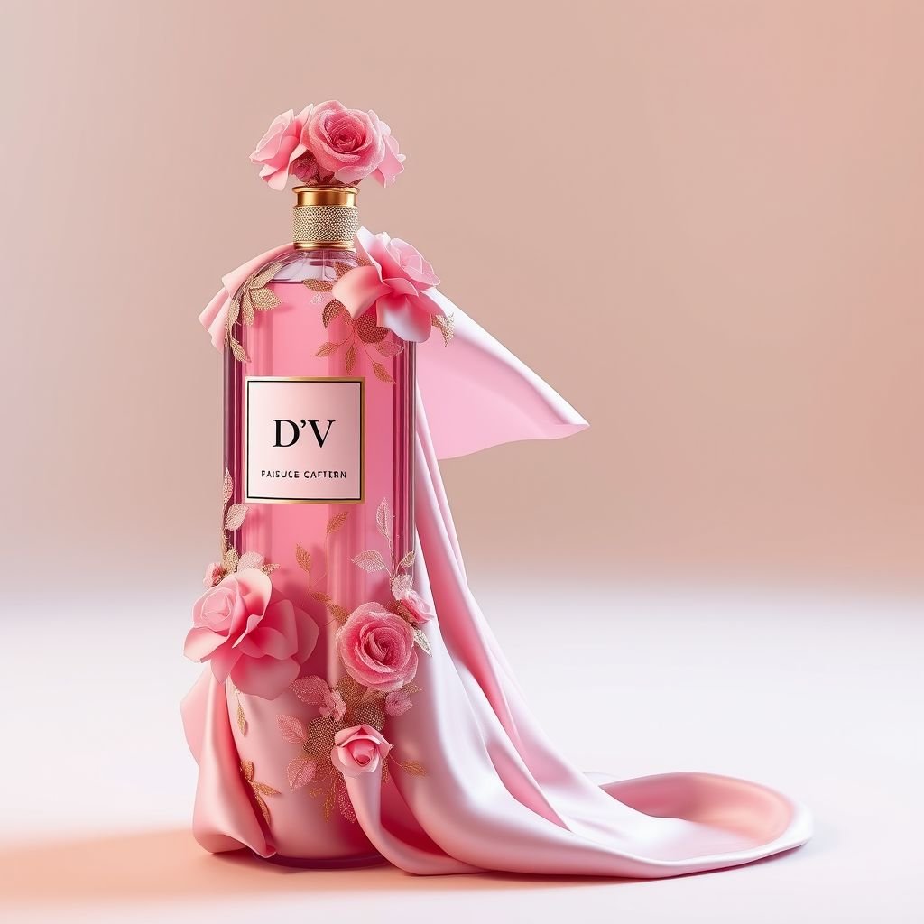 Pink perfume with the name “Da’Vine” on it. With DV on it. Shape the bottle as a flower
Design an exquisite luxury fashion ensemble inspired by the "Da'Vine" pink perfume bottle. Envision flowing silks and satins in shades of soft pink and gold, adorned with intricate floral embroidery. Incorporate DV monogram elements into a couture gown, with a billowing cape that mimics the curves of the stunning floral bottle.
