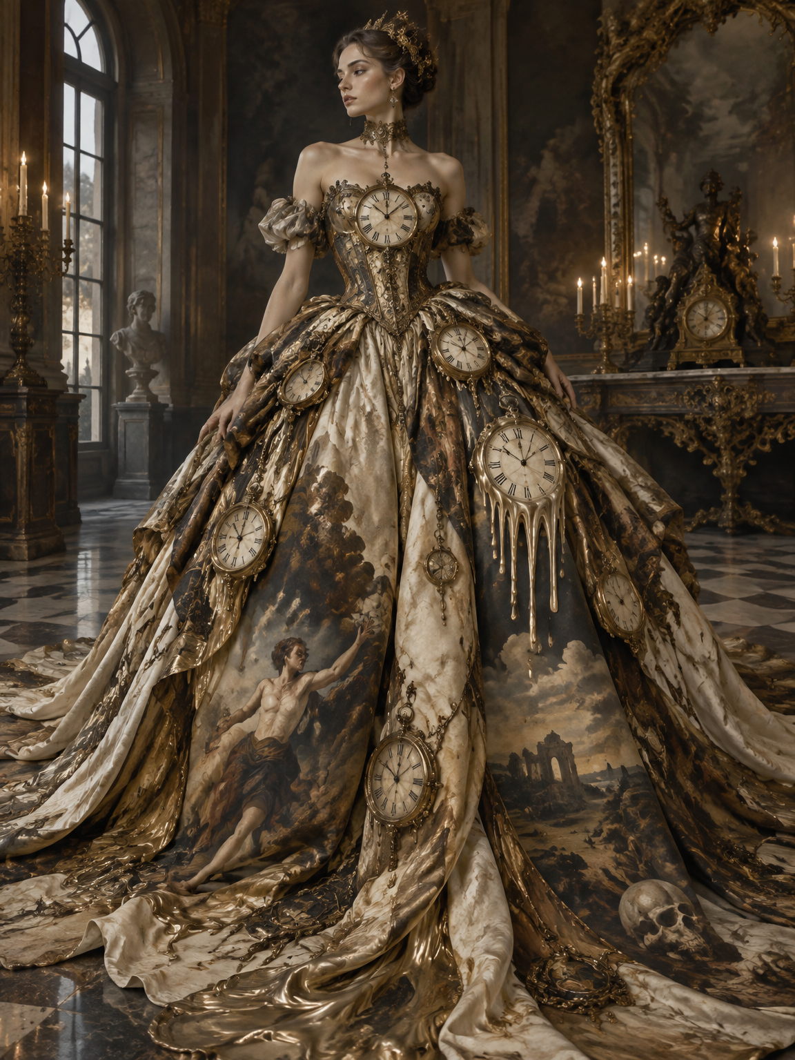 An extravagant surrealist ball gown crafted from antique ivory, bronze, and tarnished gold, featuring a tightly sculpted corset adorned with oversized Roman-numeral clock faces. The enormous skirt cascades into multiple flowing panels, each decorated with melting pocket watches, liquid-metal drips, and dark, dreamlike paintings reminiscent of classical Baroque and surrealist artwork. Its sweeping train pools across the floor like a dissolving masterpiece, creating a dramatic, otherworldly silhouette that blends antique elegance with the unsettling beauty of time itself.
An extravagant surrealist ball gown crafted from antique ivory, bronze, and tarnished gold, featuring a tightly sculpted corset adorned with oversized Roman-numeral clock faces. The enormous skirt cascades into multiple flowing panels, each decorated with melting pocket watches, liquid-metal drips, and dark, dreamlike paintings reminiscent of classical Baroque and surrealist artwork. Its sweeping train pools across the floor like a dissolving masterpiece, creating a dramatic, otherworldly silhouette that blends antique elegance with the unsettling beauty of time itself., victorian style