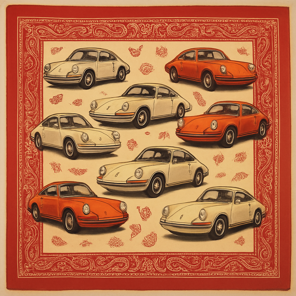 Silk bandana with a vintage Porsche make it like a pattern
Silk bandana with a vintage Porsche make it like a pattern