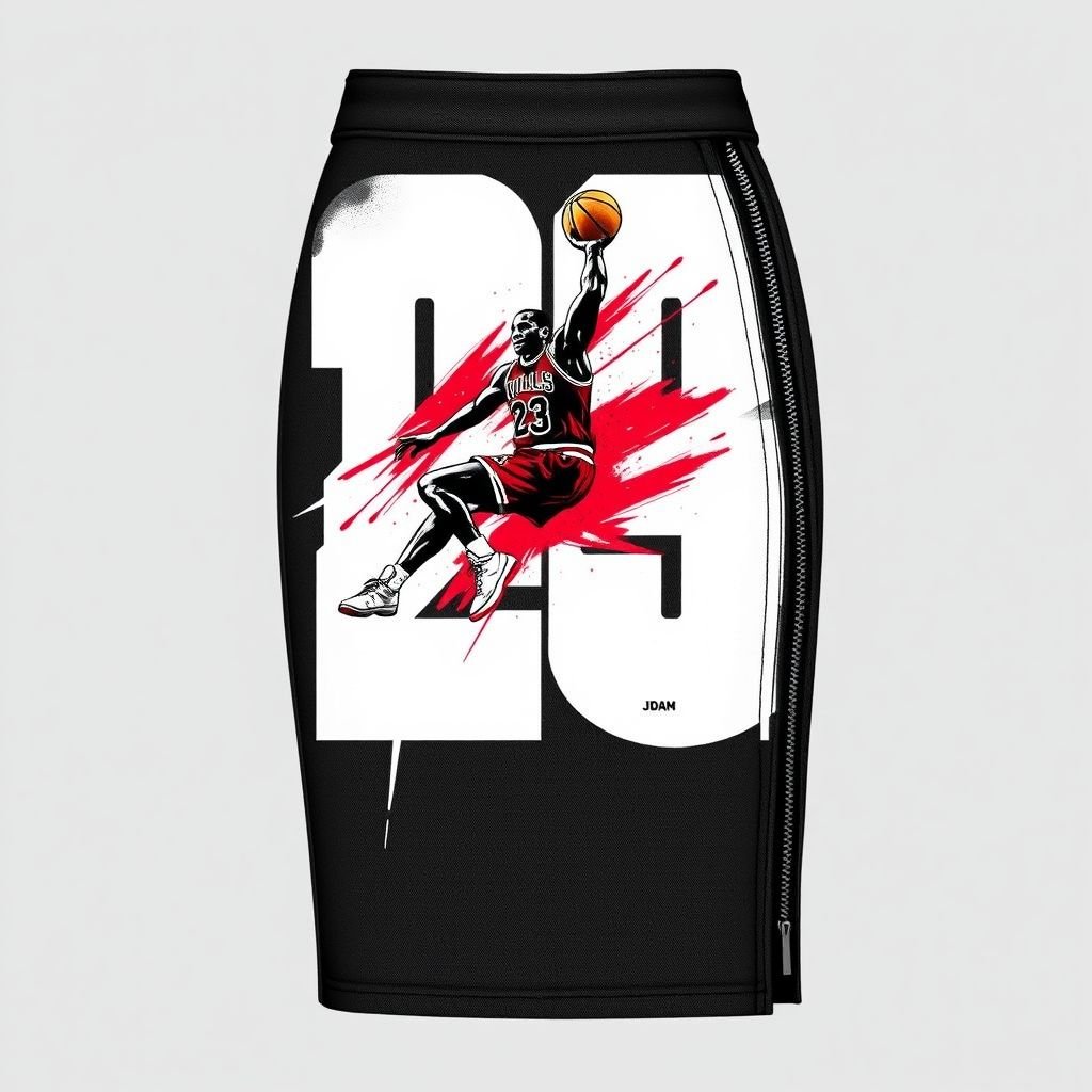 Can you create me a image for my brand. I want one of the iconic pictures of “Michael Jordan’s dunking” to be on a midi black skirt. I want the skirt to be a black denim midi skirt with a zipper on the side, “zipper should be zipped” but noticeable. I was the picture to wrap about the whole skirt, showing some of the picture on the front, sides, and back. The picture should be an illustration of Michael Jordan dunking.
Design a statement streetwear piece: envision a black denim midi skirt featuring a striking, all-over wraparound illustration of Michael Jordan’s iconic dunk. The design showcases bold graphics, blending urban artistry with sporty flair. A side zipper, fully zipped yet eye-catching, adds an avant-garde twist to this effortlessly stylish silhouette.
