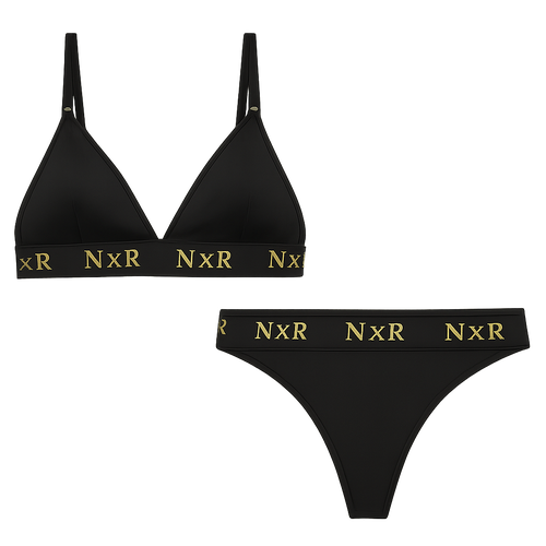 🩱 Produkt 1: N x R – Trusser

Form:
	•	Klassisk tanga/string-pasform.
	•	Let V-form foran og smallere bagpå for et flatterende snit.
	•	Smal hofteelastik (ca. 2 cm bred).

Materiale:
	•	Sort, mat mikrofiber eller satinblød nylon/spandex-blanding.
	•	Glat overflade med let glans i sømme.

Farver:
	•	Base: Dyb sort (#0A0A0A)
	•	Detaljer og logo: Børstet guld (#D4AF37)

Linning:
	•	Sort elastikbånd, 2 cm bredt.
	•	Gentaget “N x R”-logo i guld hele vejen rundt.
	•	Metallic print med let refleks.

Logo-placering:
	•	Hovedlogo midt foran.
	•	Gentagelser af “N x R” rundt i linningen.

Finish:
	•	Inderside foret med blødt, åndbart stof.
	•	Lille sort label med guldtekst: “Made in Denmark”.
	•	Dobbeltstikning i kanter for holdbarhed.

⸻

👙 Produkt 2: N x R – BH

Form:
	•	Klassisk triangle-bh med justerbare stropper.
	•	Blød cup uden bøjle, men med let støtte.
	•	Elegant V-skæring foran, med smal elastisk underbånd.

Materiale:
	•	Samme sort mikrofiber/satin som trusserne (for ensartet look).
	•	Elastiske og behagelige kanter med guld-detaljer.

Farver:
	•	Base: Dyb sort (#0A0A0A)
	•	Detaljer: Børstet guld (#D4AF37)

Underbånd / Elastik:
	•	2 cm bred sort elastik med gentaget “N x R”-logo i guld.
	•	Metallic finish (let blank, men elegant).

Logo-placering:
	•	“N x R”-logo på siden af bh’ens underbånd (mod venstre hofte).
	•	Mulighed for et lille ekstra logo på skulderstrop eller label.

Lukning & detaljer:
	•	Sort metalspænde eller guld-tonet krog bagpå.
	•	Justerbare stropper i samme farvetema.

Finish:
	•	Label på indersiden med “Made in Denmark”.
	•	Rent, minimalistisk look uden synlige sømme foran.