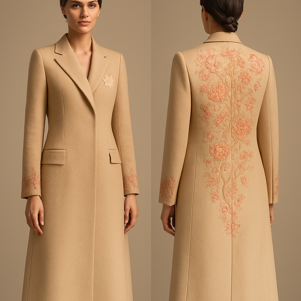 Ancle lengith
"Luxurious cashmere abaya tailored like a blazer: notched lapel, slightly structured shoulders, single hidden front button, mid-thigh to knee length, subtle waist tailoring, hidden side pockets, short back vent. Soft sand-to-cream gradient on the back inspired by desert dunes, overlaid with delicate Kashmiri Sozni floral embroidery in coral/salmon tones with fine gold thread accents flowing organically from the shoulders down the center back. Sleeves straight with embroidered cuffs, silk satin lining, organza floral applique on the chest, and discreet button detail in muted gold. Material: matte cashmere exterior with visible soft texture; interior: smooth silk satin. Styling: photorealistic fashion photography, studio softbox lighting, 3/4 full-body view, neutral warm beige background, ultra-detailed fabric texture and close-up of embroidery. Color palette: warm sand (#D9C4A8), ivory cream, coral-salmon (#C86A6A), metallic gold accents. Keywords: ultra-detailed, photorealistic, high-res fabric texture, sharp embroidery closeup, couture tailoring."

Negative prompt:
"blurry, cartoon, low-detail, extra fingers, distorted anatomy, text, busy background, oversaturated colors"

Suggested generator settings:
- Aspect ratio: 2:3 or 9:16 for full-body (use 4:5 for social posts)  
- Resolution: 1024–2048 px for drafts, 2k–4k for final renders  
- Guidance/CFG: 7–12, Steps: 20–50, Sampler: Euler or DPM++ (if available)  
- Extra modifiers to add: "ultra realistic, studio lighting, fabric microtexture, cinematic depth of field"

Ancle lengith
"Luxurious cashmere abaya tailored like a blazer: notched lapel, slightly structured shoulders, single hidden front button, mid-thigh to knee length, subtle waist tailoring, hidden side pockets, short back vent. Soft sand-to-cream gradient on the back inspired by desert dunes, overlaid with delicate Kashmiri Sozni floral embroidery in coral/salmon tones with fine gold thread accents flowing organically from the shoulders down the center back. Sleeves straight with embroidered cuffs, silk satin lining, organza floral applique on the chest, and discreet button detail in muted gold. Material: matte cashmere exterior with visible soft texture; interior: smooth silk satin. Styling: photorealistic fashion photography, studio softbox lighting, 3/4 full-body view, neutral warm beige background, ultra-detailed fabric texture and close-up of embroidery. Color palette: warm sand (#D9C4A8), ivory cream, coral-salmon (#C86A6A), metallic gold accents. Keywords: ultra-detailed, photorealistic, high-res fabric texture, sharp embroidery closeup, couture tailoring."

Negative prompt:
"blurry, cartoon, low-detail, extra fingers, distorted anatomy, text, busy background, oversaturated colors"

Suggested generator settings:
- Aspect ratio: 2:3 or 9:16 for full-body (use 4:5 for social posts)  
- Resolution: 1024–2048 px for drafts, 2k–4k for final renders  
- Guidance/CFG: 7–12, Steps: 20–50, Sampler: Euler or DPM++ (if available)  
- Extra modifiers to add: "ultra realistic, studio lighting, fabric microtexture, cinematic depth of field", show front and back