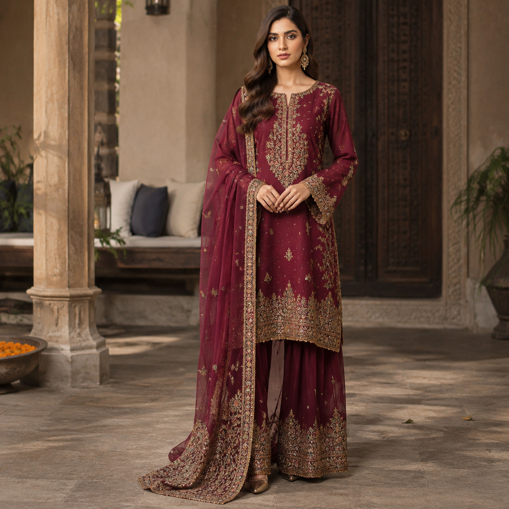 A Female Salwar Kameez design, suitable for Fall. Consider Pakistani fashion — shalwar kameez, gharara, sharara; lawn fabrics, chiffon; intricate embroidery and mirror work. Current season is Autumn in Pakistan. Present it as professional fashion catalogue photography: the garment is the subject, shown full-length with editorial styling, neutral posing and tasteful, non-suggestive framing.
photorealistic fashion design, A Female Salwar Kameez design, suitable for Fall. Consider Pakistani fashion — shalwar kameez, gharara, sharara; lawn fabrics, chiffon; intricate embroidery and mirror work. Current season is Autumn in Pakistan. Present it as professional fashion catalogue photography: the garment is the subject, shown full-length with editorial styling, neutral posing and tasteful, non-suggestive framing., just the design no text