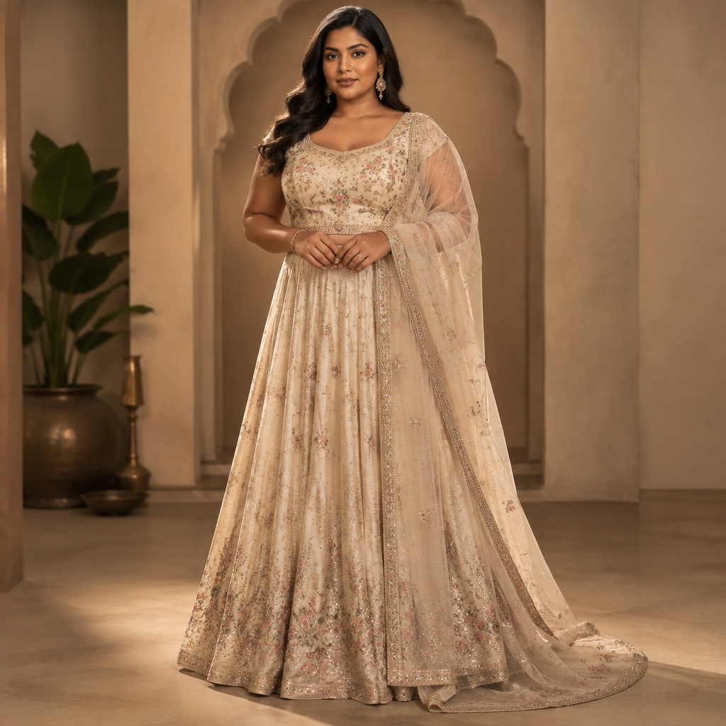 A Dress design, with a light, flowing drape, for Wedding, suitable for Fall, suited to a Tropical climate, in Elegant style, shown on a model with brown skin and a curvy figure. India fashion aesthetics. Present it as professional fashion catalogue photography: the garment is the subject, shown full-length with editorial styling, neutral posing and tasteful, non-suggestive framing.
photorealistic fashion design, A Dress design, with a light, flowing drape, for Wedding, suitable for Fall, suited to a Tropical climate, in Elegant style, shown on a model with brown skin and a curvy figure. India fashion aesthetics. Present it as professional fashion catalogue photography: the garment is the subject, shown full-length with editorial styling, neutral posing and tasteful, non-suggestive framing., elegant style, just the design no text