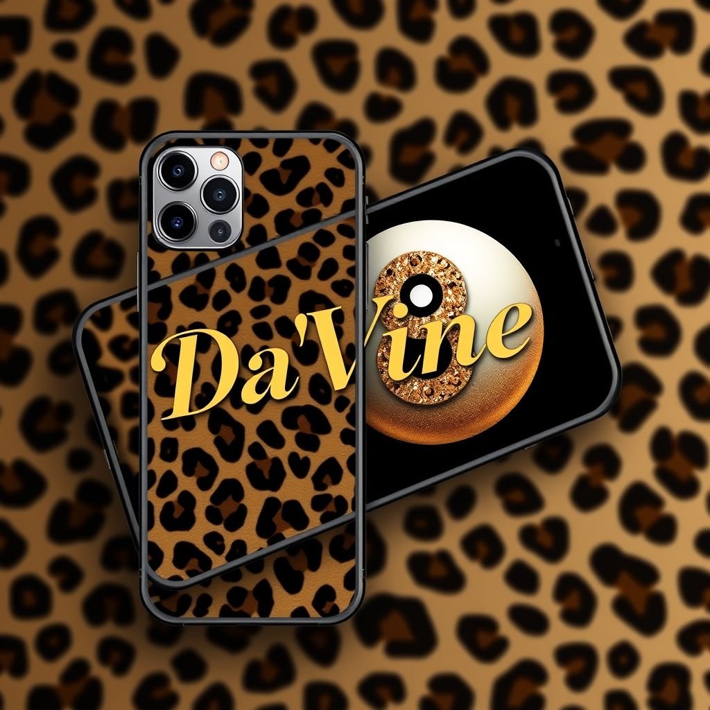 iPhone 13 Pro Max phone case with “Da’Vine” on it. Put a cheetah print 8 ball on it
Design a striking iPhone 13 Pro Max phone case that features a bold cheetah print backdrop, elegantly showcasing the name “Da’Vine” in sleek, modern typography. Incorporate a stylish oversized 8-ball motif adorned with a shimmering golden cheetah pattern, merging wild elegance with urban sophistication for a truly unique accessory.