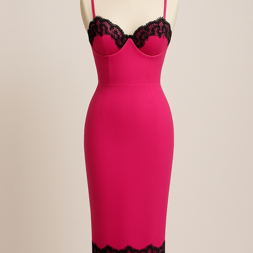 Hot pink midi dress
Black lace on cup details
Black lace trim
Fitted dress