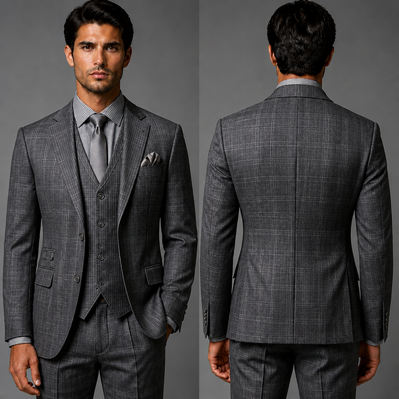 The jacket should be dark grey and light grey checkered and the pants also with pinch pleats
edit the attached fashion design with these instructions: The jacket should be dark grey and light grey checkered and the pants also with pinch pleats. keep it photorealistic, just the design no text