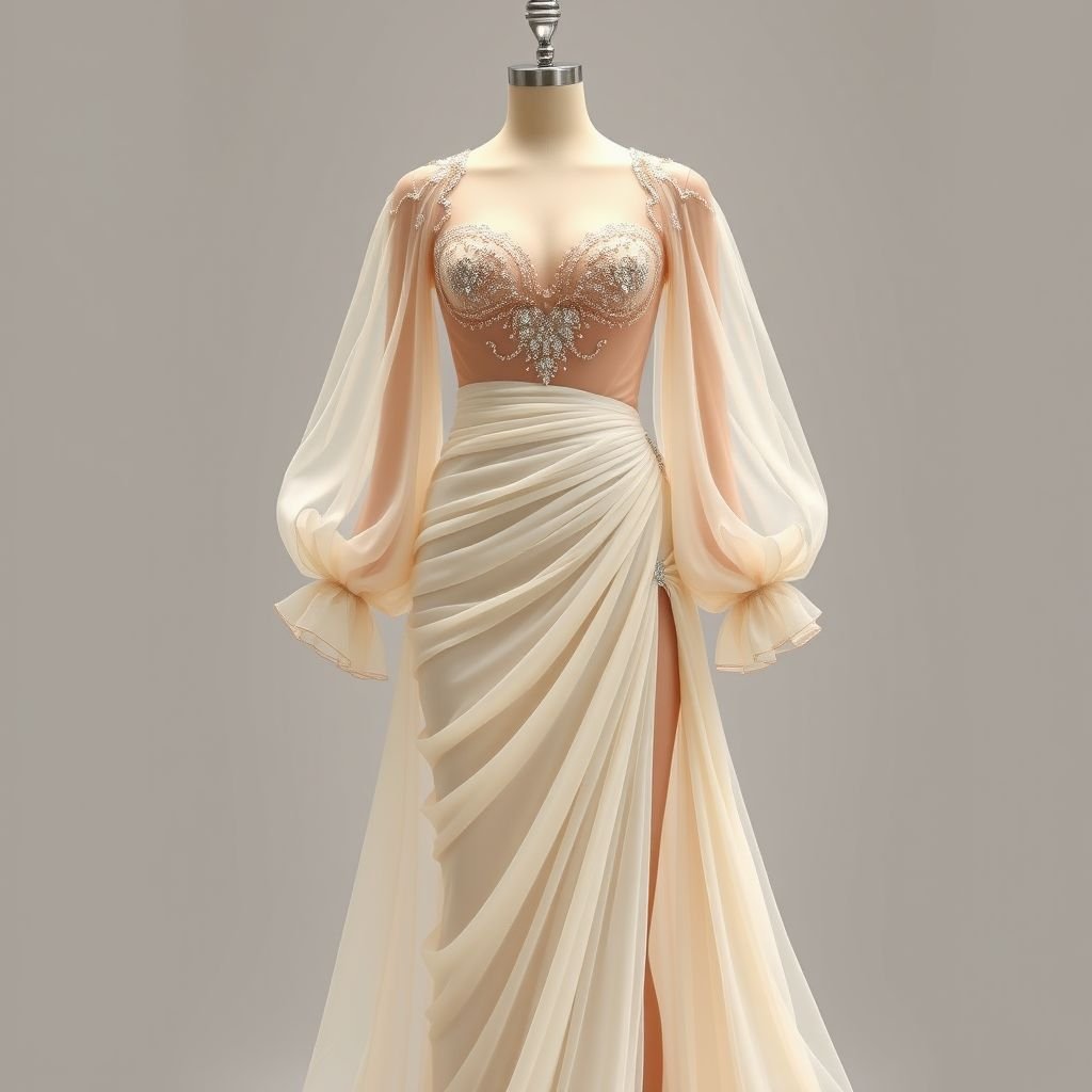 Dress with neck and long sleeve chiffon transparent until the bust. and a nude lining extending from the heart-shaped neckline to the fitted skirt. From bust to the waist adorned with dazzling on lines same as fabric above the nude lining . From waist to toe fitted draped plain skirt () with a high leg split that reveals the dazzling on lines same as fabric on above transparent chiffon
Envision an ethereal gown crafted from delicate, flowing chiffon, cascading transparently to the bust with long, billowing sleeves. The heart-shaped neckline frames a nude lining, intricately adorned with shimmering embellishments that mirror the elegance above. A fitted, draped skirt flows to the floor, featuring a daring high leg split, revealing a hint of sparkle with every step. This enchanting design captures a blend of romance and allure, perfect for a sophisticated evening gala.