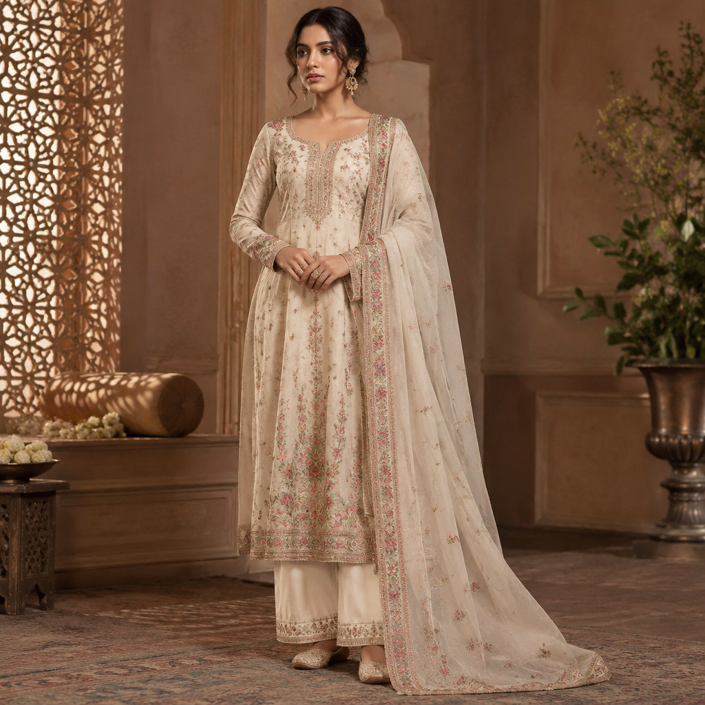 A Salwar Kameez design, in Classic + Artsy + Princesscore style. India fashion aesthetics. Present it as professional fashion catalogue photography: the garment is the subject, shown full-length with editorial styling, neutral posing and tasteful, non-suggestive framing.
photorealistic fashion design, A Salwar Kameez design, in Classic + Artsy + Princesscore style. India fashion aesthetics. Present it as professional fashion catalogue photography: the garment is the subject, shown full-length with editorial styling, neutral posing and tasteful, non-suggestive framing., classic style, just the design no text