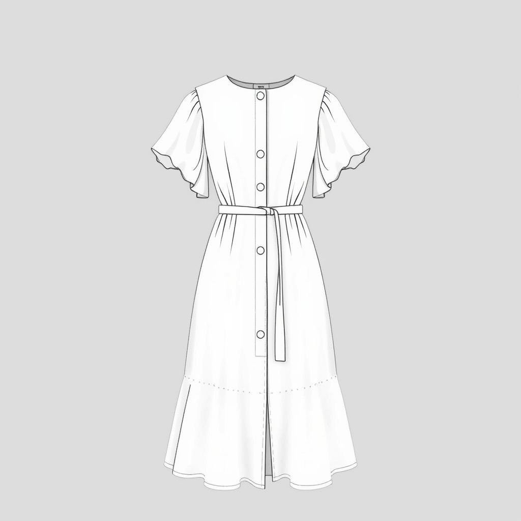 Frontal Button down midi dress with flowy short arms and with elastic at the back so itcan stretch fit big bust .the dress must also be flowy at the bottom to flaunt a womes curves with shirred back design and with two strings at the waist that tie to the back and make the waist smaller
Design a minimalist frontal button-down midi dress featuring delicate flowy short sleeves. The shirred back allows for stretch and comfort, accommodating a larger bust. The gracefully flared hem highlights feminine curves, while two discreet ties at the waist cinch for an elegant silhouette. Clean lines and soft textures ensure understated sophistication.