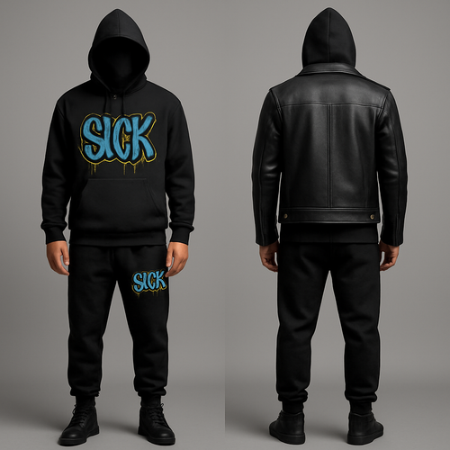 Male street wear with black gold and teal writing Sick label . Hoodie, joggers leather jacket
