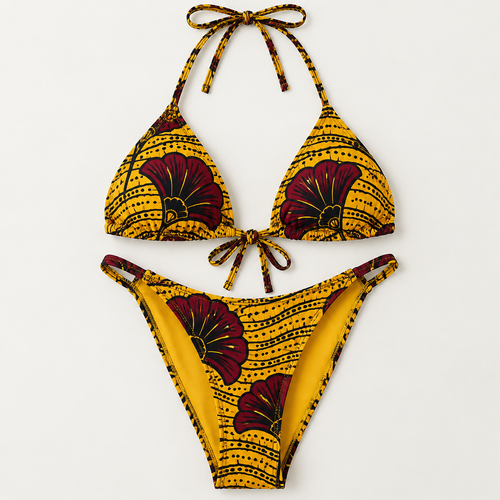 A Swimwear design. sexy bikini two pièce africaine wax print yellow pagne ,high. CI fashion aesthetics. Present it as professional fashion catalogue photography: the garment is the subject, shown full-length with editorial styling, neutral posing and tasteful, non-suggestive framing.
photorealistic fashion design, A Swimwear design. sexy bikini two pièce africaine wax print yellow pagne ,high. CI fashion aesthetics. Present it as professional fashion catalogue photography: the garment is the subject, shown full-length with editorial styling, neutral posing and tasteful, non-suggestive framing., just the design no text