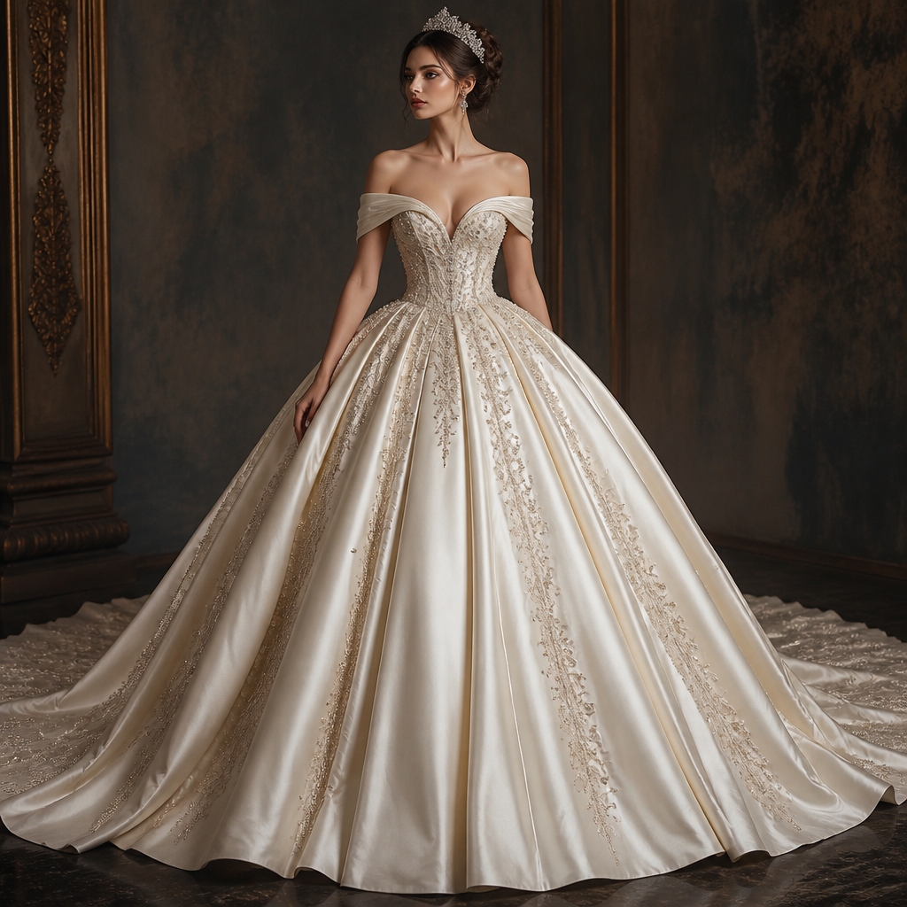 An enchanting princess-inspired gown featuring a structured fitted bodice and a voluminous ball-gown skirt that creates a majestic silhouette. The off-the-shoulder neckline highlights the collarbones, while pearl or crystal embellishments add a touch of royal elegance. Crafted from luxurious satin or organza, the gown flows into a dramatic cathedral-length train, creating a fairy-tale appearance.
Features:
Ball-gown silhouette
Off-the-shoulder neckline
Pearl or crystal detailing
Full voluminous skirt
Cathedral-length train
Regal and romantic design
photorealistic fashion design, An enchanting princess-inspired gown featuring a structured fitted bodice and a voluminous ball-gown skirt that creates a majestic silhouette. The off-the-shoulder neckline highlights the collarbones, while pearl or crystal embellishments add a touch of royal elegance. Crafted from luxurious satin or organza, the gown flows into a dramatic cathedral-length train, creating a fairy-tale appearance.
Features:
Ball-gown silhouette
Off-the-shoulder neckline
Pearl or crystal detailing
Full voluminous skirt
Cathedral-length train
Regal and romantic design, just the design no text