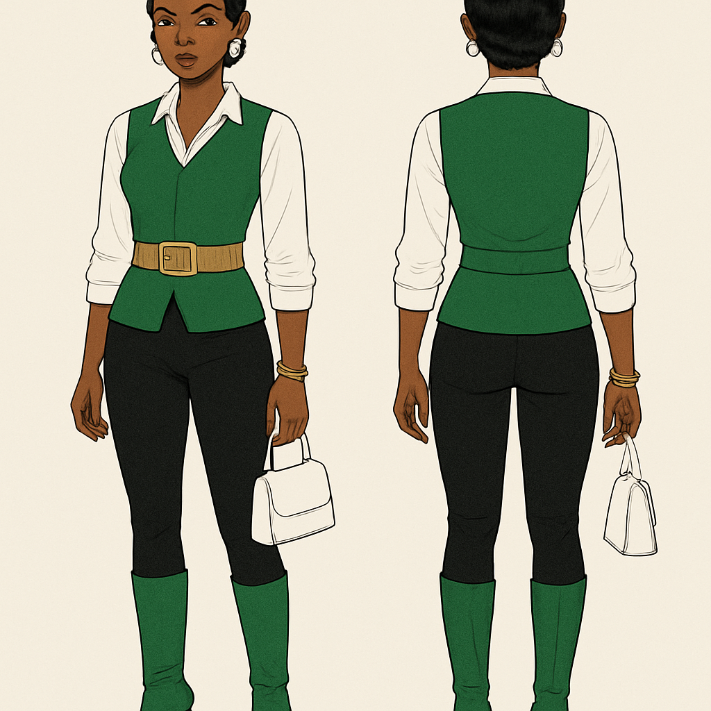 Black woman
Finger waves
White collared shirt right side tucked in left side out gold belt
Green vest
Green boots
Tight black pants
Gold rings and bracelet
White earrrings
White purse
Black woman
Finger waves
White collared shirt right side tucked in left side out gold belt
Green vest
Green boots
Tight black pants
Gold rings and bracelet
White earrrings
White purse , show front and back