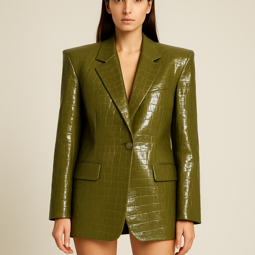 Can you make a leather oversized blazer crocodile print coming to the mid thigh in olive green with shoulder pads
Can you change it to high gloss shine and a lighter shade of olive and show it on a model with bare legs