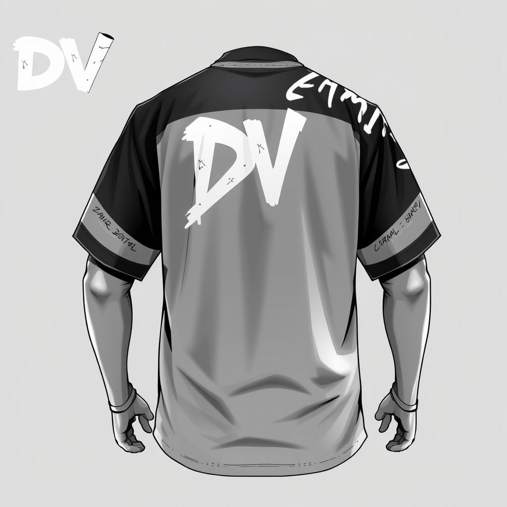 Men’s Shirt. Short sleeve with long sleeve under. With salvation across shoulders on back of shirt. Grey on grey, dark grey/light grey. Oversized streetwear shirt, with light graffiti on it. With “DV” on front in top left. Show both front and back.
Design an oversized men’s streetwear shirt featuring a dynamic short sleeve silhouette over long sleeves. The color scheme incorporates dark and light greys, enhanced with subtle, artistic graffiti accents. Boldly emblazoned with "DV" in the upper left corner, salvation text sweeps across the shoulders on the back, merging urban aesthetics with contemporary expression.