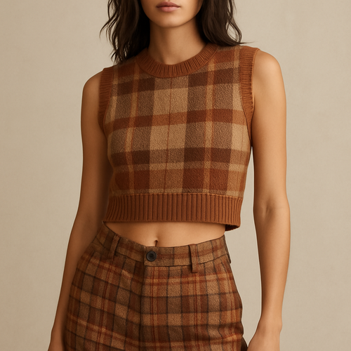 Earthy color Plaid bottoms/ sleeveless swearer top
On female, show stomach 