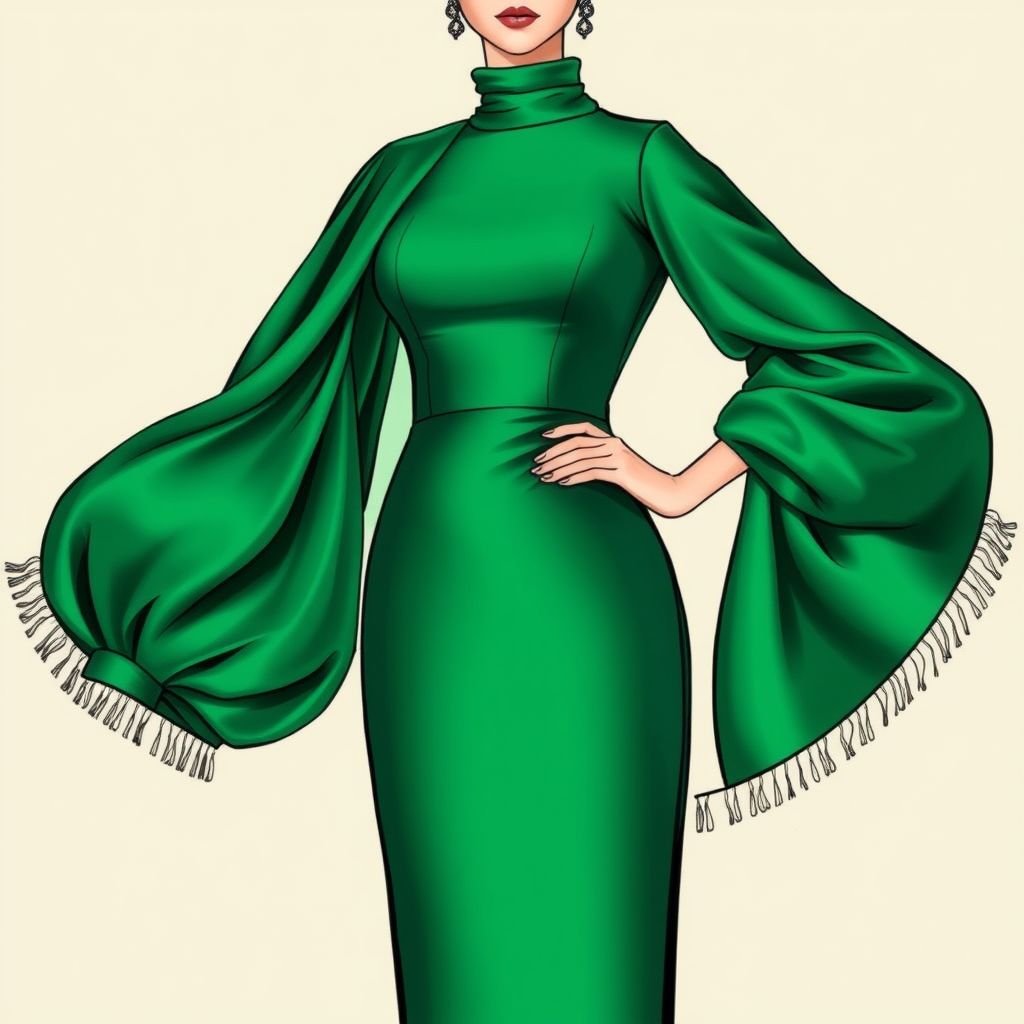 Cree moi une robe moulante avec un col qui remonte sans décolleté et des manches longues bouffante et un châle qui se rabat comme les sari indiens
Imagine a sleek, form-fitting dress crafted from shimmering emerald satin, featuring a high neckline that gracefully curves without plunging. The voluminous, puffed sleeves add a dramatic flair, while a luxurious matching shawl drapes elegantly like an Indian sari, cascading to the ground, blending cultural elegance with modern sophistication for an unforgettable silhouette.