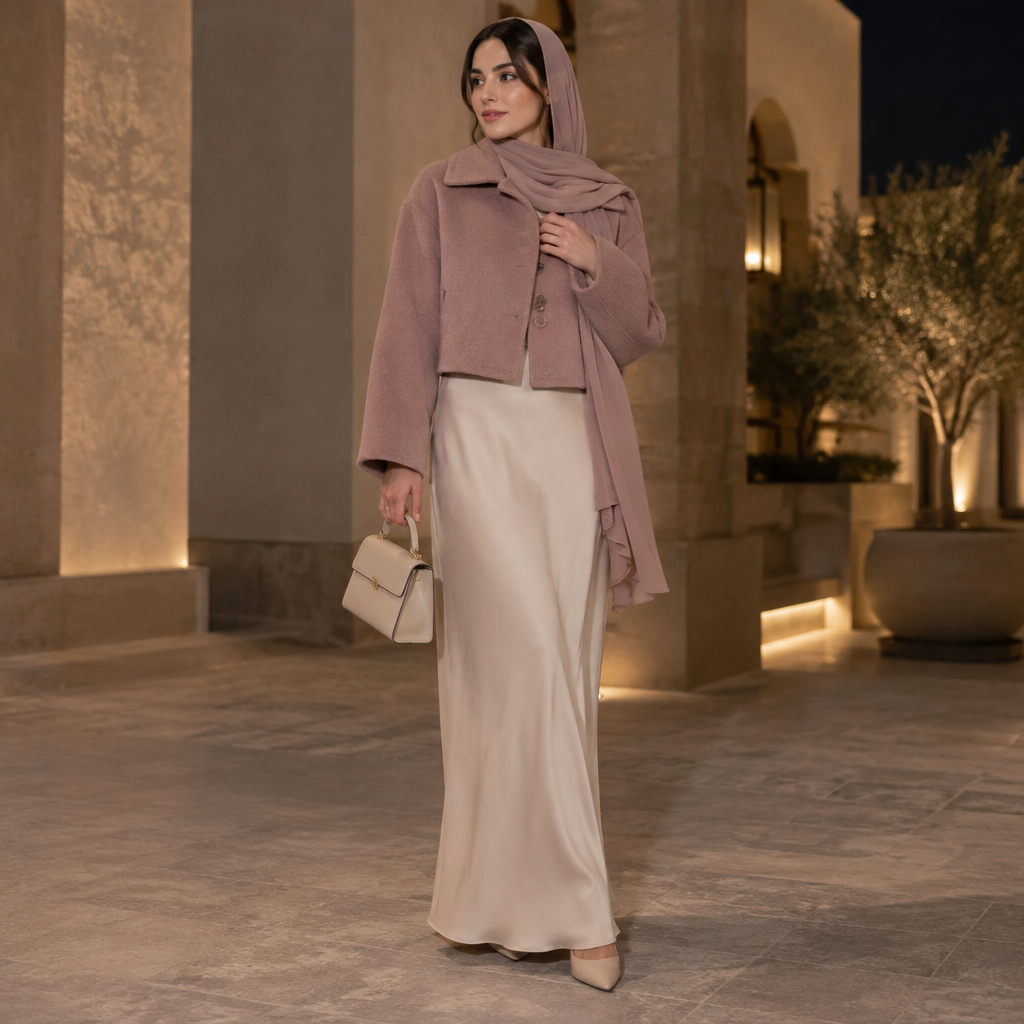 photorealistic fashion design, photorealistic fashion design, A Jacket design, made of Wool, with a soft, cosy hand, with a Relaxed silhouette, in a Pastels color palette, for Date Night, suitable for Fall, suited to a Temperate climate, in Casual style, shown on a model with light skin and a slim figure. Saudi Arabia fashion aesthetics. Present it as professional fashion catalogue photography: the garment is the subject, shown full-length with editorial styling, neutral posing and tasteful, non-suggestive framing., casual style, just the design no text. Refinement: لا مو كذي.
خل الجاكيت اقصر ولونه نفس لون الشال الكشمري, just the design no text. Refinement: لونه نفس لون شال الكشمري
photorealistic fashion design, photorealistic fashion design, photorealistic fashion design, A Jacket design, made of Wool, with a soft, cosy hand, with a Relaxed silhouette, in a Pastels color palette, for Date Night, suitable for Fall, suited to a Temperate climate, in Casual style, shown on a model with light skin and a slim figure. Saudi Arabia fashion aesthetics. Present it as professional fashion catalogue photography: the garment is the subject, shown full-length with editorial styling, neutral posing and tasteful, non-suggestive framing., casual style, just the design no text. Refinement: لا مو كذي.
خل الجاكيت اقصر ولونه نفس لون الشال الكشمري, just the design no text. Refinement: لونه نفس لون شال الكشمري, just the design no text