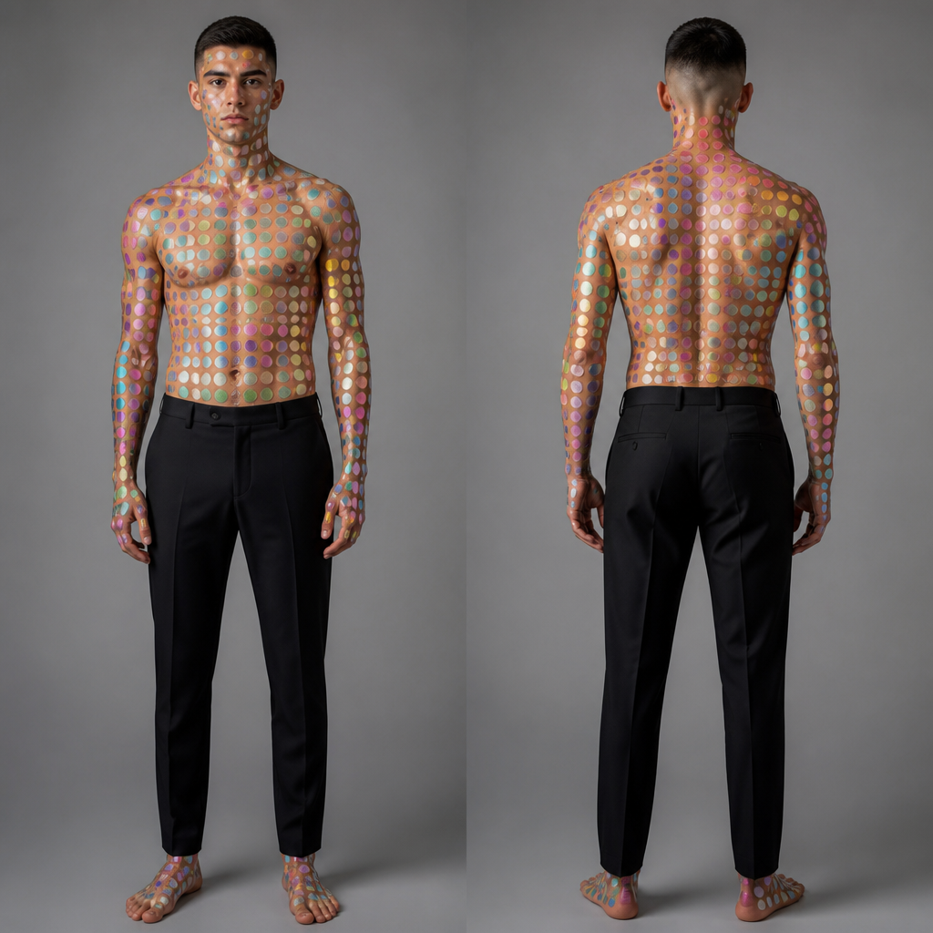 disegna un uomo con i capelli neri e la sfumatura. indossa pantaloni neri classici. tutto il corpo è ricoperto di sticker colorati a forma a di cerchio. effetto rainbow (schiena, braccia, gambe pancia eccetera con gli sticker colorati)
photorealistic fashion design, disegna un uomo con i capelli neri e la sfumatura. indossa pantaloni neri classici. tutto il corpo è ricoperto di sticker colorati a forma a di cerchio. effetto rainbow (schiena, braccia, gambe pancia eccetera con gli sticker colorati), space_age style, just the design no text, show front and back