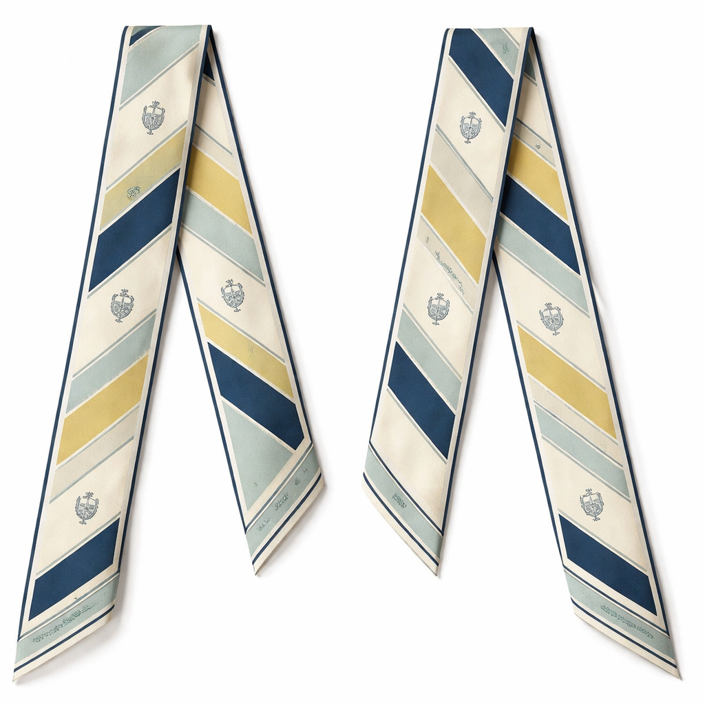 Design a 5cm x 86cm silk twill scarf for Jolie Franc, a classic luxury brand with American preppy and British influences with French Impressionism Feature a refined stripe pattern with small, understated crest-inspired motifs spaced evenly along the length. Use a spring/summer palette of ivory, soft navy, butter yellow, and light eucalyptus green. Keep the motifs minimal and architectural, not decorative. Add a thin structured border and hand-rolled edges. Elegant, fresh, and tailored for Kelly-style bag handles and warm-weather evenings.
Design a 5cm x 86cm silk twill scarf for Jolie Franc, a classic luxury brand with American preppy and British influences with French Impressionism Feature a refined stripe pattern with small, understated crest-inspired motifs spaced evenly along the length. Use a spring/summer palette of ivory, soft navy, butter yellow, and light eucalyptus green. Keep the motifs minimal and architectural, not decorative. Add a thin structured border and hand-rolled edges. Elegant, fresh, and tailored for Kelly-style bag handles and warm-weather evenings., classic style, show front and back
