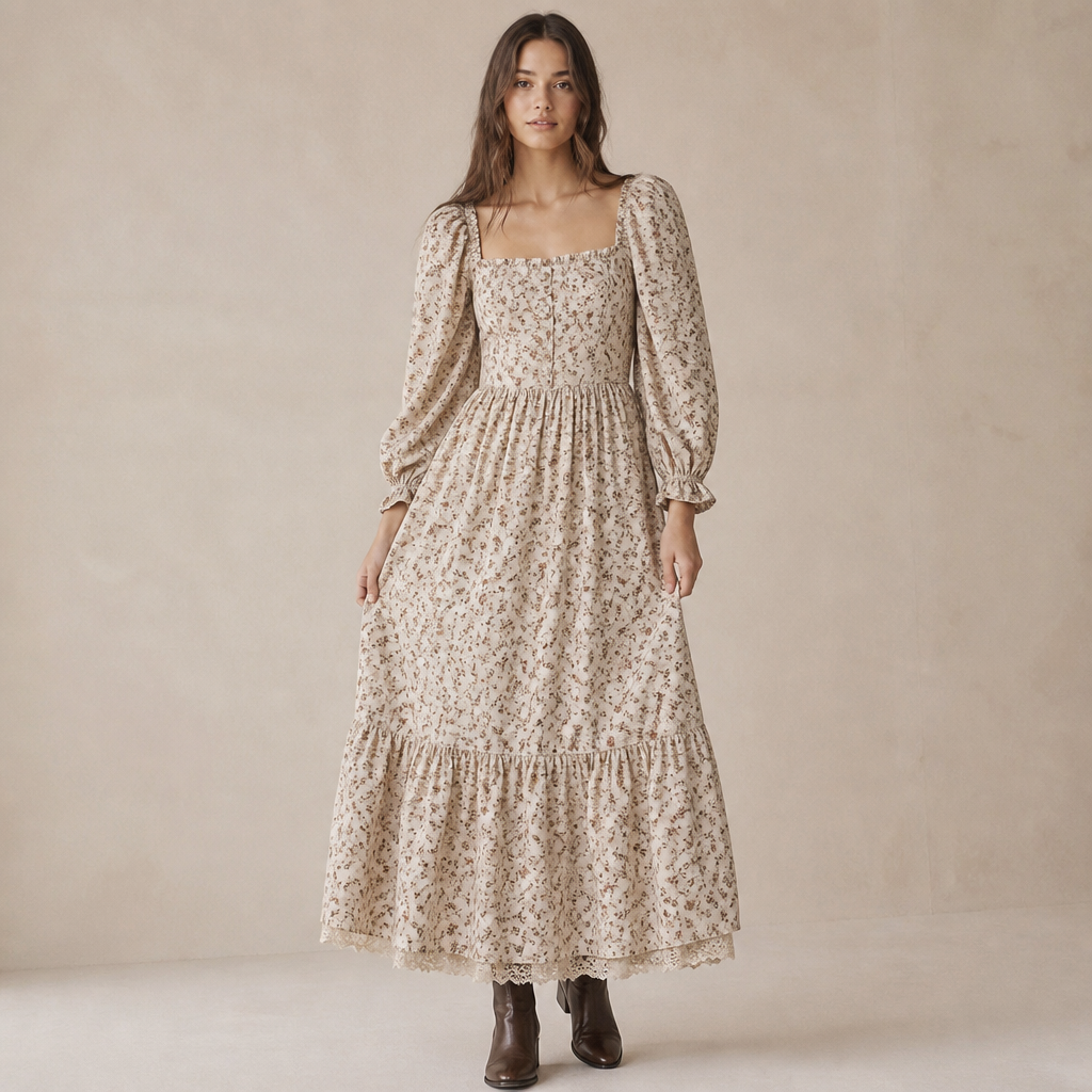 A Female Dress design, suitable for Fall, in Cottagecore style. AZ fashion aesthetics. Present it as professional fashion catalogue photography: the garment is the subject, shown full-length with editorial styling, neutral posing and tasteful, non-suggestive framing.
photorealistic fashion design, A Female Dress design, suitable for Fall, in Cottagecore style. AZ fashion aesthetics. Present it as professional fashion catalogue photography: the garment is the subject, shown full-length with editorial styling, neutral posing and tasteful, non-suggestive framing., cottagecore style, just the design no text