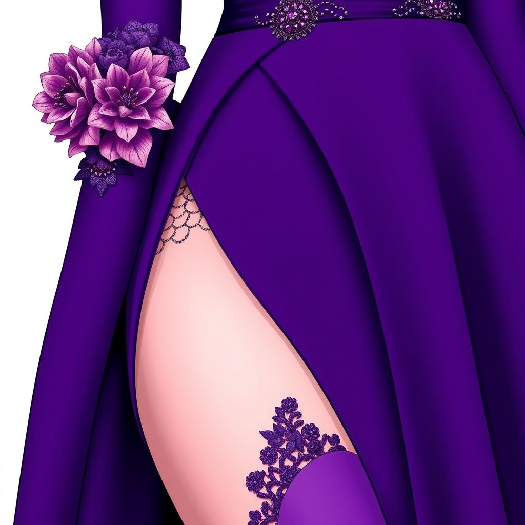 Let’s create a very beautiful evening, Gown. The solid fabric that is purple has a high lead all the way to the beginning of the thigh. Inside the sleet is another fabric a lace fabric the slit is all the way to me thigh. The bodice of the dress is structured and fully Beaded. Add 3-D structures to the left shoulder
Design an opulent haute couture evening gown in deep royal purple, featuring a daring high slit to the thigh. The sleek silhouette embraces luxurious beaded detailing on a structured bodice, while delicate lace lining peeks through the slit. Adorn the left shoulder with dramatic, whimsical 3D floral appliqués, elevating elegance.