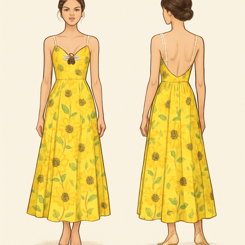 Yellow flower print with a bee neckline and a open back with white lace spaghetti straps ankle length