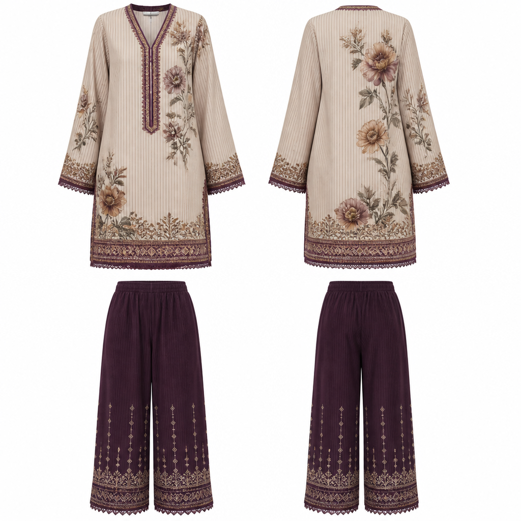 A Female Dress design, suitable for Summer, in Casual style. Create a completely original luxury Pakistani women's winter co-ord set. Every time this prompt is used, generate a NEW and UNIQUE design. Never repeat the same print, embroidery, color palette, layout, neckline, sleeve style, trouser style, or motif composition from previous generations.
Generate one ultra-high-resolution 8K fashion design board with exactly four views:
• Kurta Front
• Kurta Back
• Trouser Front
• Trouser Back
For every generation, randomly create:
- A completely new luxury color palette (3–6 harmonious colors)
- A unique print style (choose from floral, geometric, paisley, Mughal, abstract, botanical, ethnic, tribal, artistic, contemporary, or a creative fusion)
- A different embroidery placement and pattern
- A new neckline design
- A different sleeve design
- A new kurta length and silhouette
- A unique trouser style (straight, cigarette, tapered, wide-leg, culotte, or ankle-length)
- Fresh border designs and motif arrangements
- New fabric textures suitable for winter (khaddar, linen, wool blend, brushed cotton)
Design Rules:
- Make every design look like a premium Pakistani luxury pret collection.
- Ensure the print composition is balanced and original.
- Maintain elegant proportions and professional tailoring.
- Do not copy or imitate any existing brand or collection.
- Every output must be visually different from previous ones.
Presentation:
Professional fashion CAD sheet, white background, realistic fabric texture, premium stitching details, sharp textile rendering, soft studio lighting, photorealistic, print-ready quality.
Quality:
Ultra-detailed, HDR, 8K, fashion catalog quality, no model, no mannequin, no watermark, no logo, no text.. Pakistan fashion aesthetics.
photorealistic fashion design, A Female Dress design, suitable for Summer, in Casual style. Create a completely original luxury Pakistani women's winter co-ord set. Every time this prompt is used, generate a NEW and UNIQUE design. Never repeat the same print, embroidery, color palette, layout, neckline, sleeve style, trouser style, or motif composition from previous generations.
Generate one ultra-high-resolution 8K fashion design board with exactly four views:
• Kurta Front
• Kurta Back
• Trouser Front
• Trouser Back
For every generation, randomly create:
- A completely new luxury color palette (3–6 harmonious colors)
- A unique print style (choose from floral, geometric, paisley, Mughal, abstract, botanical, ethnic, tribal, artistic, contemporary, or a creative fusion)
- A different embroidery placement and pattern
- A new neckline design
- A different sleeve design
- A new kurta length and silhouette
- A unique trouser style (straight, cigarette, tapered, wide-leg, culotte, or ankle-length)
- Fresh border designs and motif arrangements
- New fabric textures suitable for winter (khaddar, linen, wool blend, brushed cotton)
Design Rules:
- Make every design look like a premium Pakistani luxury pret collection.
- Ensure the print composition is balanced and original.
- Maintain elegant proportions and professional tailoring.
- Do not copy or imitate any existing brand or collection.
- Every output must be visually different from previous ones.
Presentation:
Professional fashion CAD sheet, white background, realistic fabric texture, premium stitching details, sharp textile rendering, soft studio lighting, photorealistic, print-ready quality.
Quality:
Ultra-detailed, HDR, 8K, fashion catalog quality, no model, no mannequin, no watermark, no logo, no text.. Pakistan fashion aesthetics., casual style, just the design no text