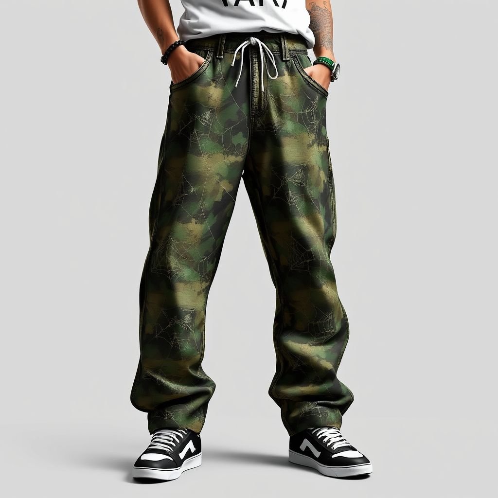 Baggy Jort, Design like Real tree, with spider webs details
Create a bold skater outfit featuring oversized baggy jorts designed in a realistic camouflage pattern reminiscent of a dense real tree forest. Incorporate intricate spider web details that weave through the fabric, adding an edgy twist. Pair with a loose graphic tee, high-top sneakers, and bold accessories for a complete skater vibe.
