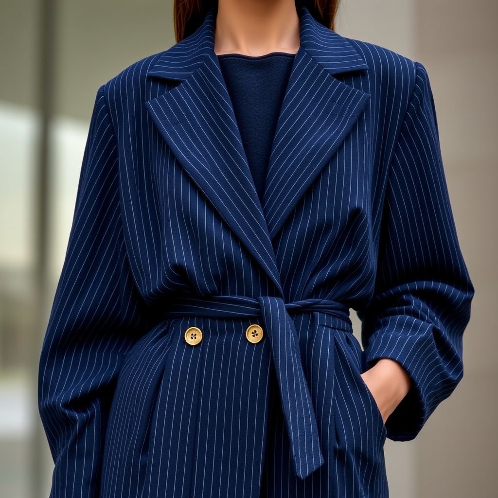 oversized casual blazer for women with open long sleeves
Design an elegant oversized casual blazer for women, featuring open long sleeves that gently cascade, reminiscent of classic silhouettes. Crafted from luxurious navy wool, it showcases brass buttons and tailored lapels. Infuse timeless sophistication with subtle pinstripes and a graceful cinched waist, perfect for both day outings and evening soirées.
