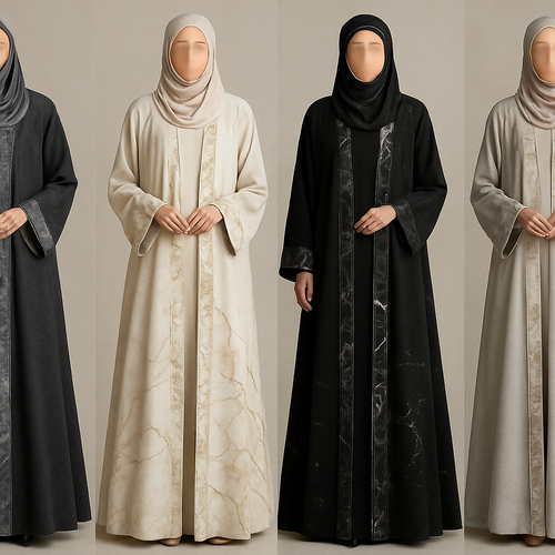 Create a modest two piece abaya, first of its kind, featuring a unique stone design that exudes a classy and sophisticated vibe. I'd like four designs, each showcasing different styles and fabrics. Incorporate high-end, unique chic stone designs to make them truly special. Add little sophisticated stone designs. Make it irresistible!