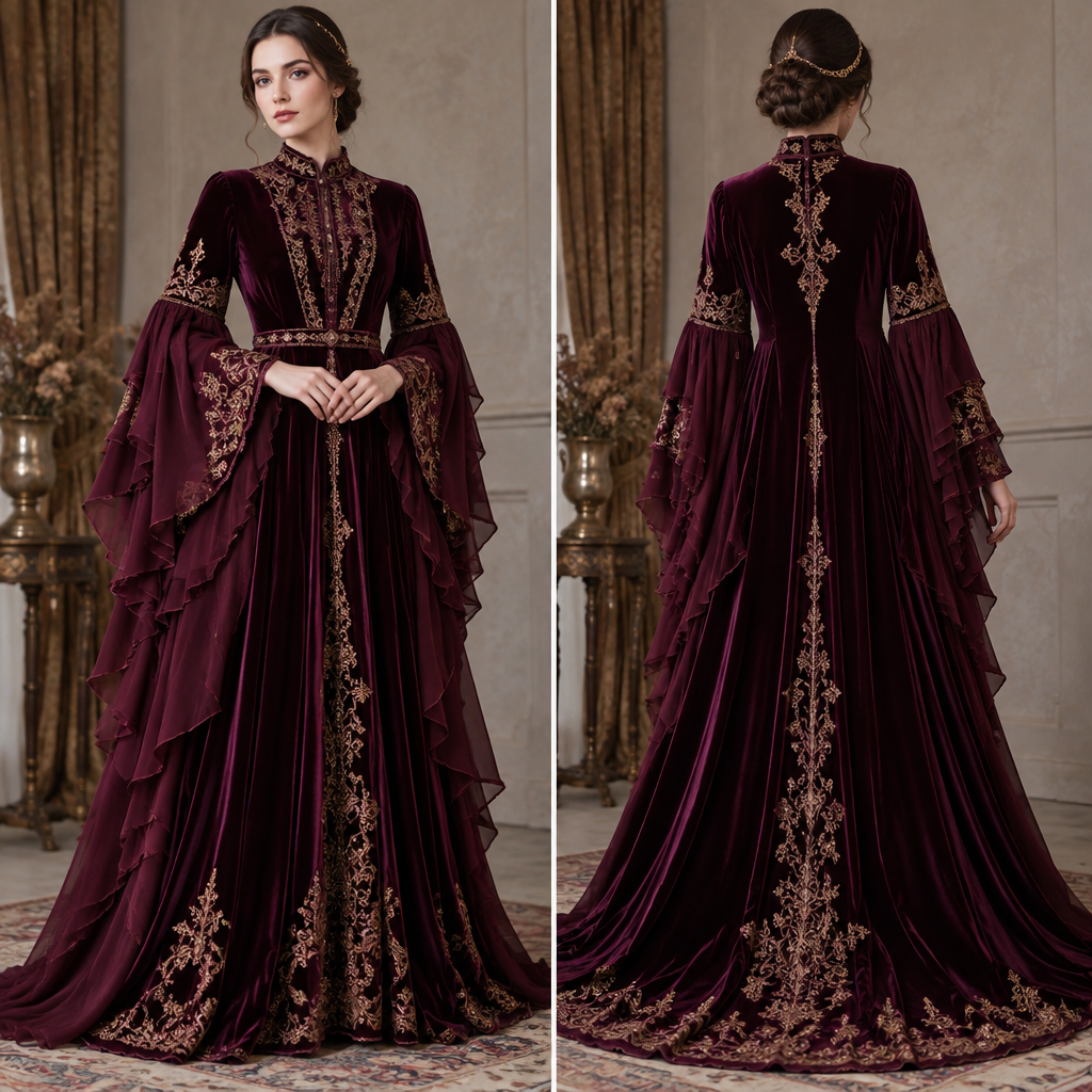 A Dress design, made of Chiffon, with a light, flowing drape, with an Oversized silhouette, styled in layers, in a Jewel Tones color palette, suitable for Fall, suited to a Temperate climate, in Classic style, shown on a model with fair skin. فستان عصر فكتوري واسع و مخملي. Algeria fashion aesthetics. Present it as professional fashion catalogue photography: the garment is the subject, shown full-length with editorial styling, neutral posing and tasteful, non-suggestive framing.
photorealistic fashion design, A Dress design, made of Chiffon, with a light, flowing drape, with an Oversized silhouette, styled in layers, in a Jewel Tones color palette, suitable for Fall, suited to a Temperate climate, in Classic style, shown on a model with fair skin. فستان عصر فكتوري واسع و مخملي. Algeria fashion aesthetics. Present it as professional fashion catalogue photography: the garment is the subject, shown full-length with editorial styling, neutral posing and tasteful, non-suggestive framing., classic style, just the design no text, show front and back