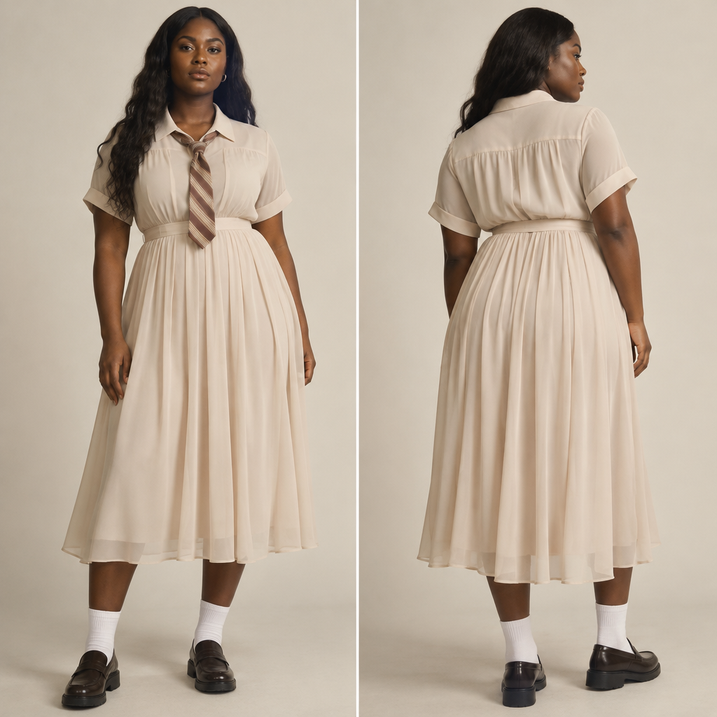 A Dress design, made of Chiffon, with a sturdy, casual hand, with an Oversized silhouette, in a Neutrals color palette, for Casual, suitable for Summer, suited to a Dry & Arid climate, in School Uniform style, shown on a model with deep skin tone and a curvy figure Present it as professional fashion catalogue photography: the garment is the subject, shown full-length with editorial styling, neutral posing and tasteful, non-suggestive framing.
photorealistic fashion design, A Dress design, made of Chiffon, with a sturdy, casual hand, with an Oversized silhouette, in a Neutrals color palette, for Casual, suitable for Summer, suited to a Dry & Arid climate, in School Uniform style, shown on a model with deep skin tone and a curvy figure Present it as professional fashion catalogue photography: the garment is the subject, shown full-length with editorial styling, neutral posing and tasteful, non-suggestive framing., school_uniform style, just the design no text