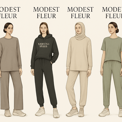 Create a unique, sophisticated, and chic loose gym wear brand called “Modest Fleur”. I need four options. 