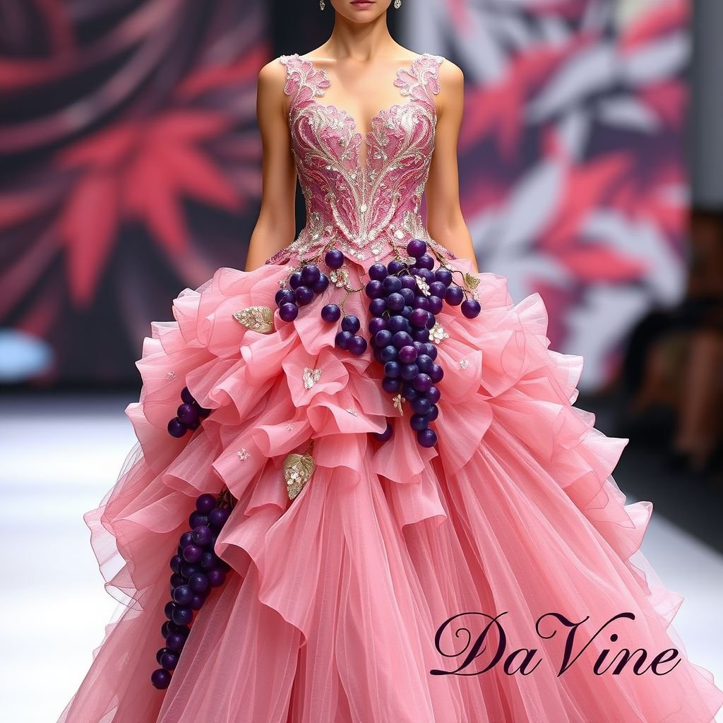 Make a fancy, unique, runway dress, make the bottom look like grapes, in a fashionable way, and the top to signify vines. Put “Da’Vine” in bottom right
Design an extravagant runway dress that embodies pure glamour: the bodice showcases intricate vine-inspired embroidery, shimmering with metallic threads, while the voluminous skirt cascades in a cascade of luscious grape-like layers, adorned with sparkling crystals. Include the name “Da’Vine” elegantly stitched in the bottom right, highlighting sophistication and nature's bounty.