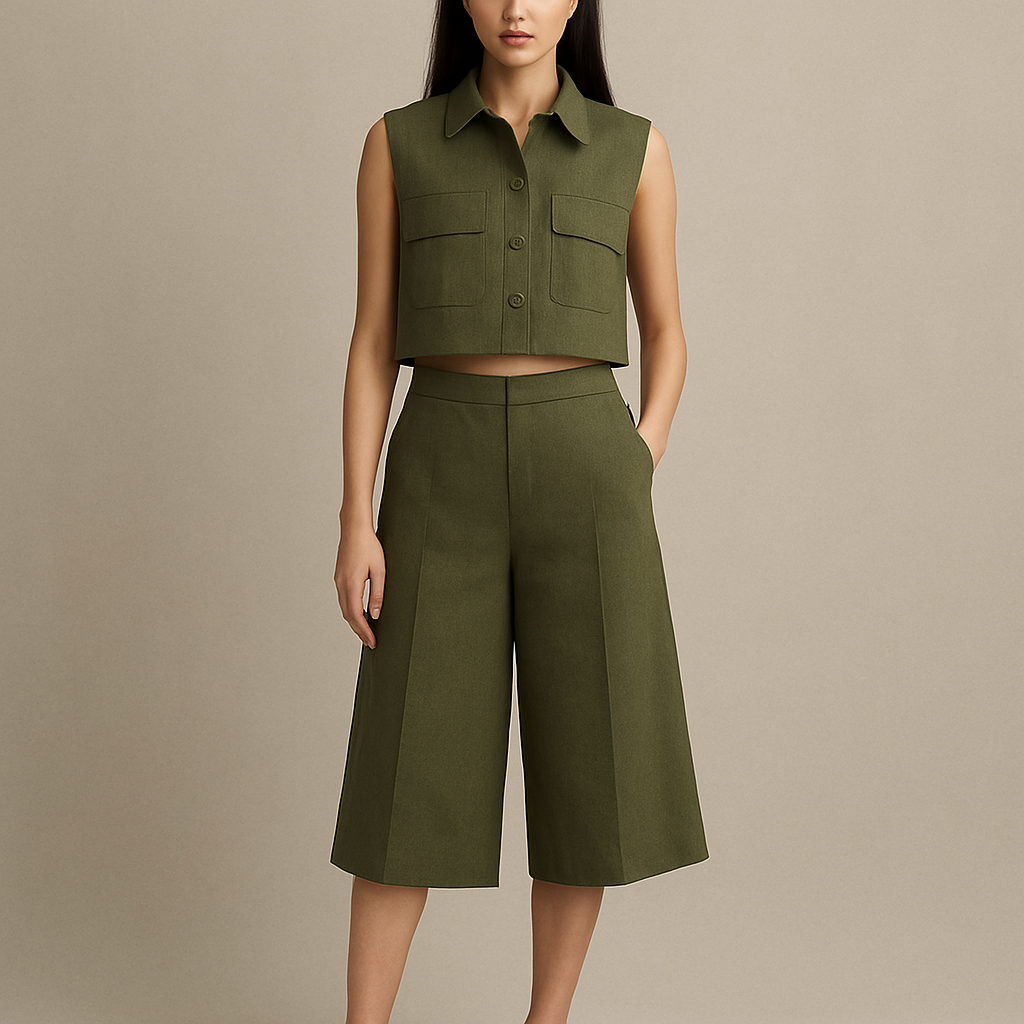 Earthy green Cropped boxy button up sleeveless shirt with oversized below knee  shorts  without jacket. Show head to toe one woman. Show stomach 

Earthy green Cropped boxy button up sleeveless shirt with oversized below knee  shorts  without jacket. Show head to toe one woman. Show stomach , business style