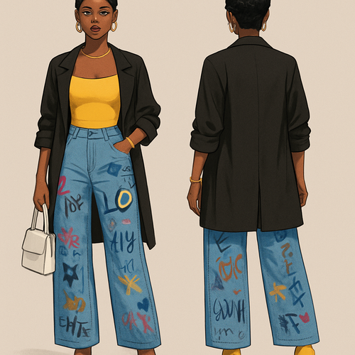 Black woman 
Finger waves 
Yellow spaghetti strap shirt 
Black trench coat sleeves rolled up 
Big jeans with graffiti 
White purse 
Yellow heels 
Gold jewelry 
