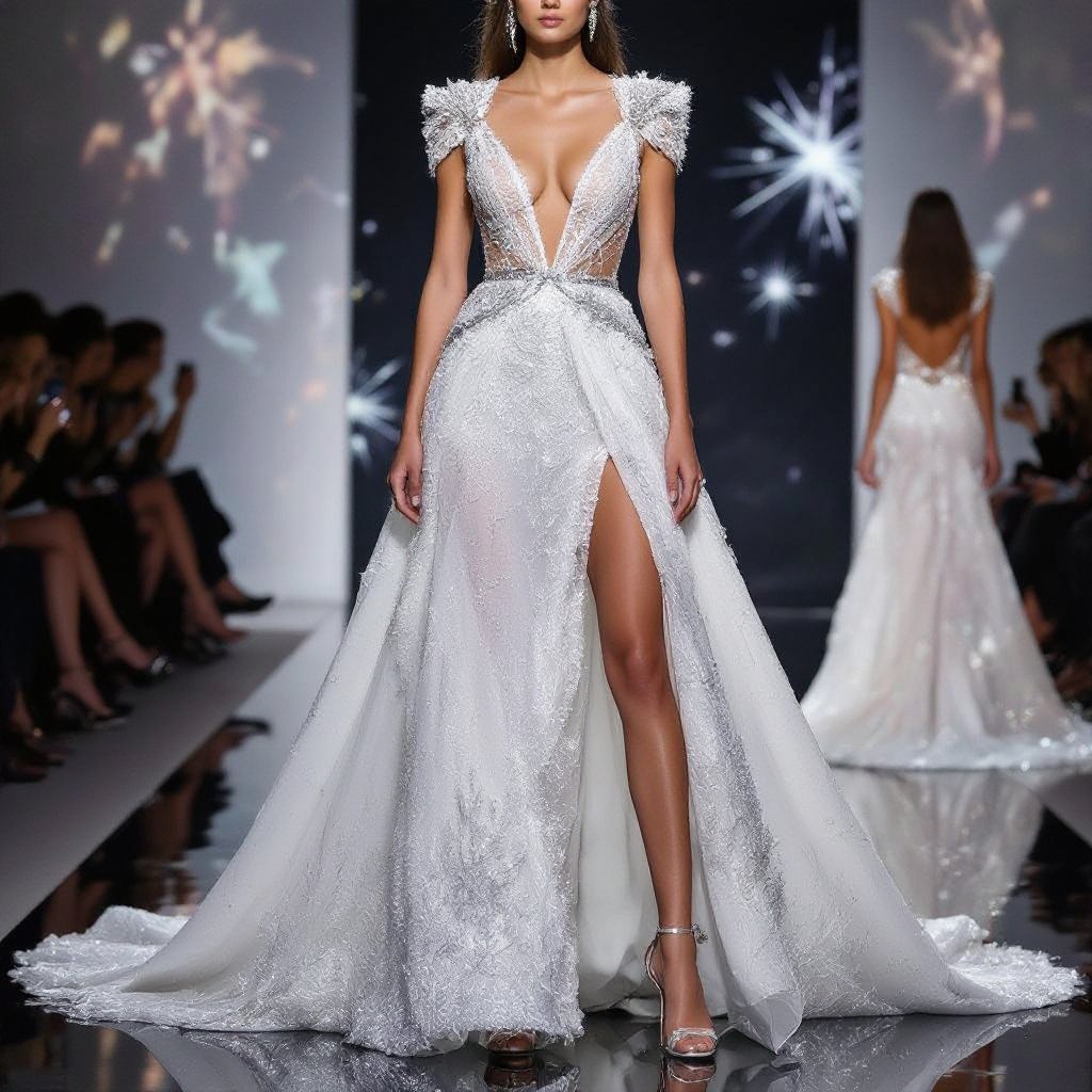 An ultra-glamorous gem encrusted haute couture pageant gown with a plunging neckline, structured sleeves or boob cups, daring thigh slit, and a sculpted crystal-encrusted bodice with sheer illusion cutouts. The gown is drenched in Swarovski crystals, sequins, and gemstones, sparkling like liquid diamonds under stage lights. A dramatic cascading train of layered silk tulle and chiffon flows behind, embroidered with celestial motifs and trimmed with crystal tassels. Accents of jeweled shoulders or a regal cape complete the look—majestic, sexy, and designed to dominate the Miss Universe stage.
Glamorous fashion: An ultra-glamorous gown with a plunging neckline, structured shoulders, and a thigh slit. The bodice gleams with crystals. A cascading train of silk tulle and chiffon, embroidered with celestial motifs, flows behind. Jeweled accents complete the look.