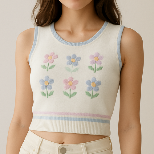 Make me a realistic design, a small white top that has a cute preppy design with pastel colors, and flower designs too also a white sweater with a hood leave the sweater, but a white top underneath it is perfect now show me with no sweater on