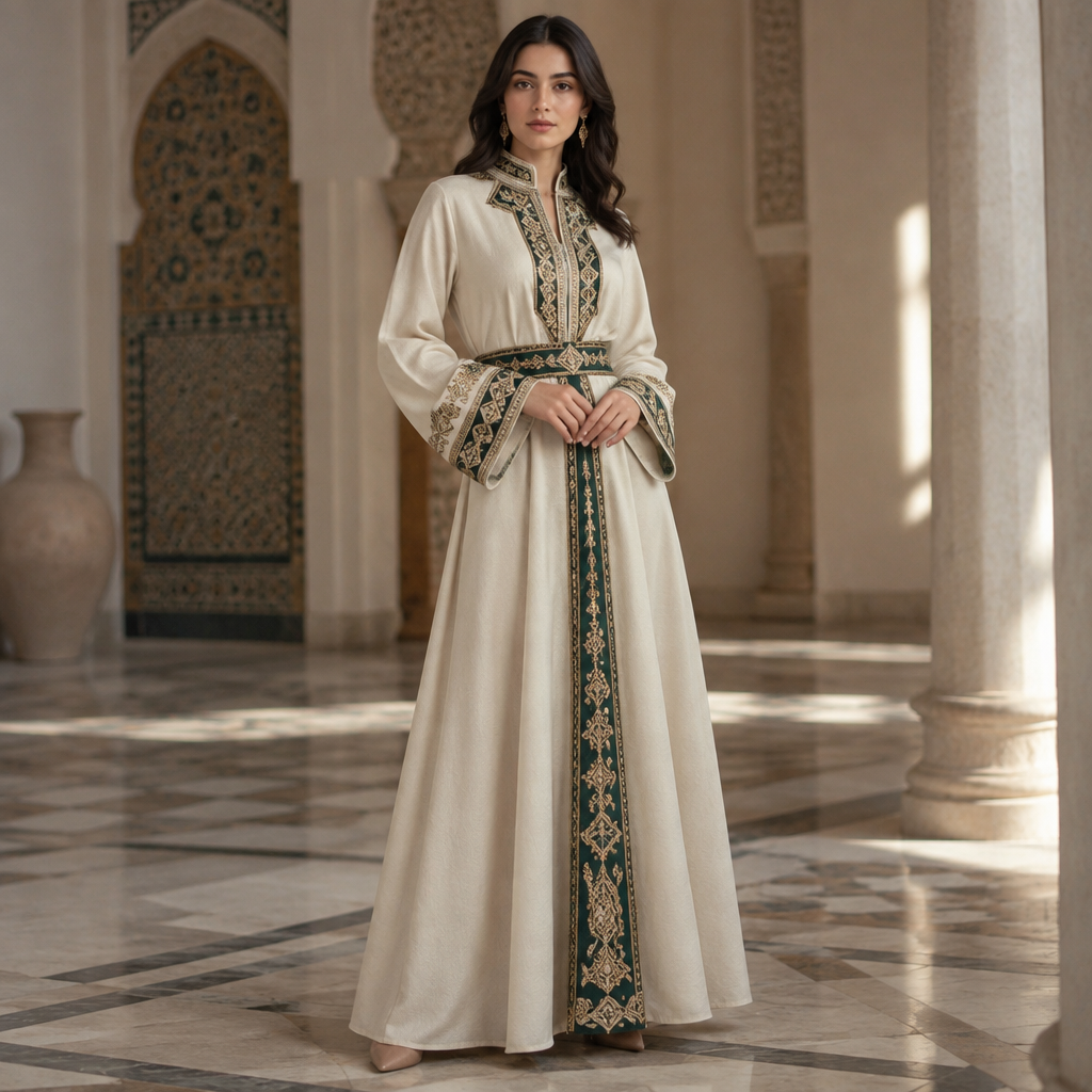 A Female Dress design, suitable for Fall, in Classic style. Algeria fashion aesthetics. Present it as professional fashion catalogue photography: the garment is the subject, shown full-length with editorial styling, neutral posing and tasteful, non-suggestive framing.
photorealistic fashion design, A Female Dress design, suitable for Fall, in Classic style. Algeria fashion aesthetics. Present it as professional fashion catalogue photography: the garment is the subject, shown full-length with editorial styling, neutral posing and tasteful, non-suggestive framing., classic style, just the design no text