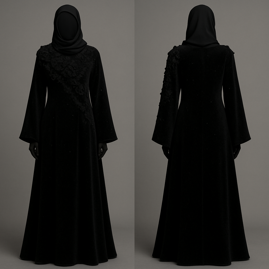 The Velvet Midnight Bloom Abaya
Tone: Deep velvet black
Fabric: Heavy velvet–crepe blend
Design:
A dense cluster of 3D velvet flowers around the neckline flowing softly across one sleeve.
Embellishment:
Black Swarovski stones scattered like stars.
Vibe:
Royal, powerful, and irresistibly classy.

The Velvet Midnight Bloom Abaya
Tone: Deep velvet black
Fabric: Heavy velvet–crepe blend
Design:
A dense cluster of 3D velvet flowers around the neckline flowing softly across one sleeve.
Embellishment:
Black Swarovski stones scattered like stars.
Vibe:
Royal, powerful, and irresistibly classy., show front and back