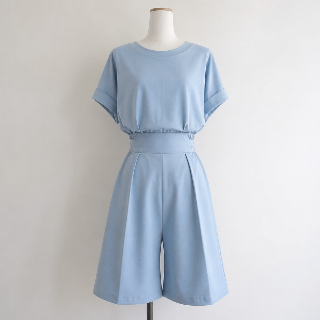 A Jumpsuit design. ein one sizer. Hose und Tshirt sind verbznden durch einen bund. beides ist hell blau. die hose ist kurz und das tshirt auch.. Japan fashion aesthetics.
photorealistic fashion design, A Jumpsuit design. ein one sizer. Hose und Tshirt sind verbznden durch einen bund. beides ist hell blau. die hose ist kurz und das tshirt auch.. Japan fashion aesthetics., just the design no text