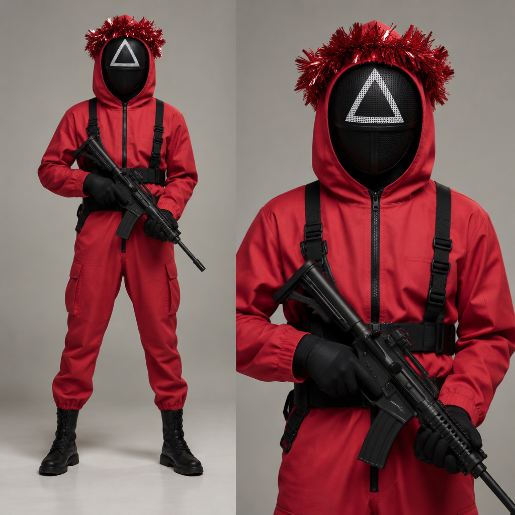 photorealistic fashion design, A Male fashion design. охранник из игры кальмара🔺 треугольник голове венок мишура в руках автомат охранник из игры кальмара квадрат менеджер◼️ голове венок мишура красном комбинезон мода 💄💋👠👝💍 Present it as professional fashion catalogue photography: the garment is the subject, shown full-length with editorial styling, neutral posing and tasteful, non-suggestive framing., just the design no text. Refinement: охранник из игры кальмара🔺 треугольник голове венок мишура в руках автомат
photorealistic fashion design, photorealistic fashion design, A Male fashion design. охранник из игры кальмара🔺 треугольник голове венок мишура в руках автомат охранник из игры кальмара квадрат менеджер◼️ голове венок мишура красном комбинезон мода 💄💋👠👝💍 Present it as professional fashion catalogue photography: the garment is the subject, shown full-length with editorial styling, neutral posing and tasteful, non-suggestive framing., just the design no text. Refinement: охранник из игры кальмара🔺 треугольник голове венок мишура в руках автомат, just the design no text