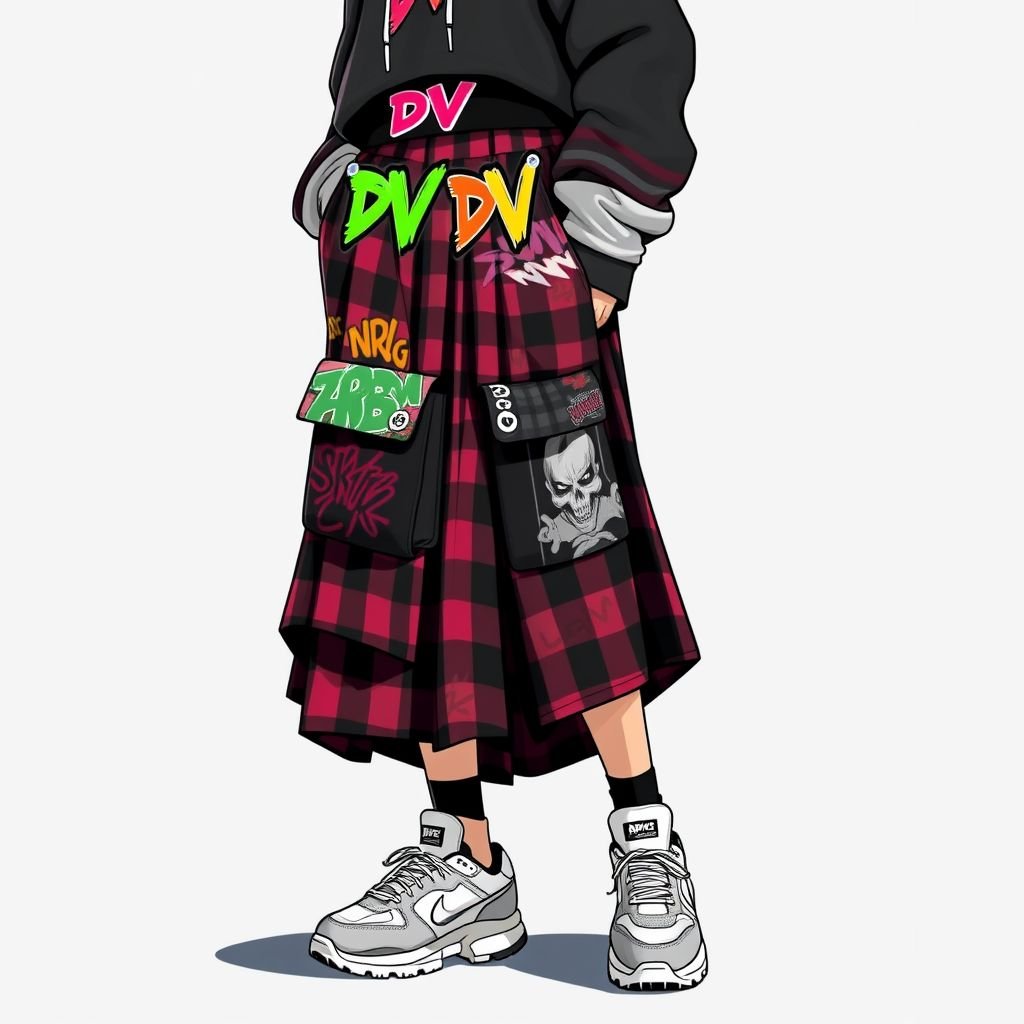 Plaid maxi skirt with pockets, that say “DV” on belt
Design a bold streetwear ensemble featuring a plaid maxi skirt with oversized pockets, merging comfort and style. The skirt should have a unique, layered silhouette adorned with graffiti-inspired prints. The waistband flaunts "DV" in vibrant, urban typography. Pair it with a chunky, cropped hoodie and statement sneakers for a complete look.