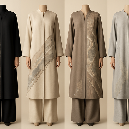 Create a modest abaya and loose pant, first of its kind, featuring a unique stone design that exudes a classy and sophisticated vibe. I'd like four designs, each showcasing different styles and fabrics. Incorporate high-end, unique chic stone designs to make them truly special. Add little sophisticated stone designs. Make it irresistible!