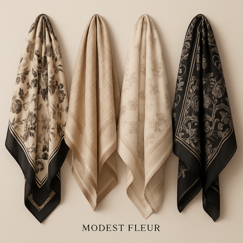 Create me different designs of scarves first In the world by making them unique and chic sophisticated for my brand "Modest Fleur