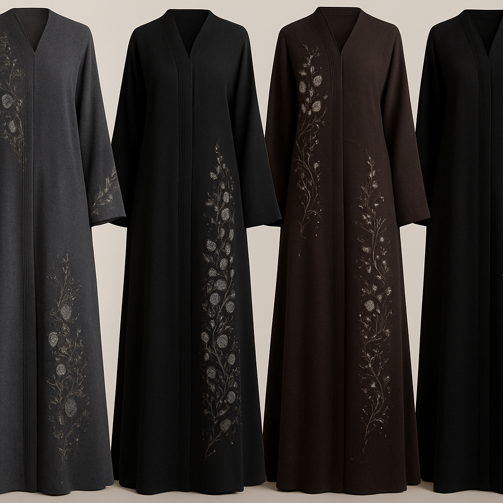 Create me modest abaya that's first in the world, using unique stone design, classy and sophisticated. Keep me 4 designs. Make them rich by adding minimal stone embroidery and stones designs. Showcasing different styles and fabric.
Create me modest abaya that's first in the world, using unique stone design, classy and sophisticated. Keep me 4 designs. Make them rich by adding minimal stone embroidery and stones designs. Showcasing different styles and fabric.