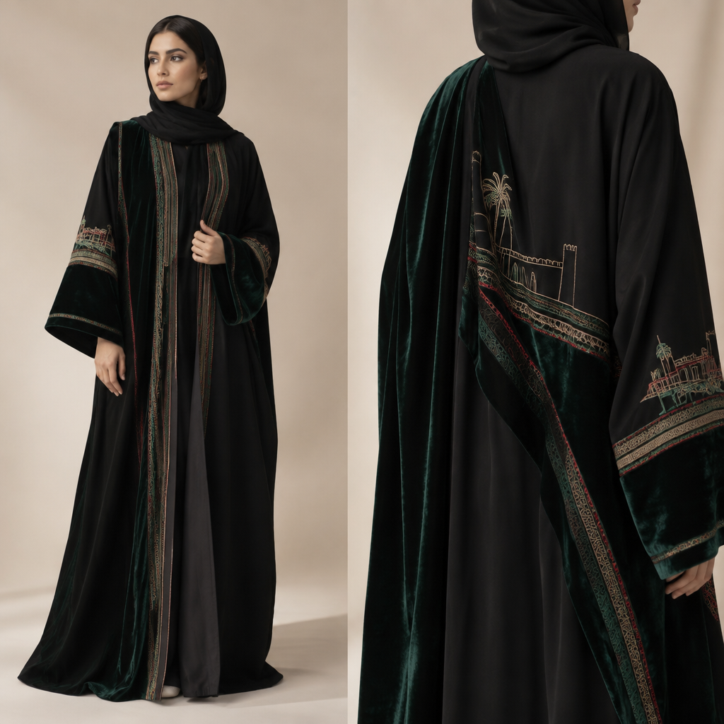 عبايه للعيد الوطني العُماني فيها مثلا شويه مخمل
photorealistic fashion design, عبايه للعيد الوطني العُماني فيها مثلا شويه مخمل
, just the design no text